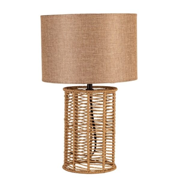 Lampara Velador Beige Base Cilindrica Rattan